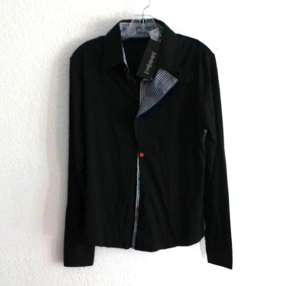 W[d^blju:], men's black button-up long sleeve shirt with blue/white plaid design - Picture 4 of 9